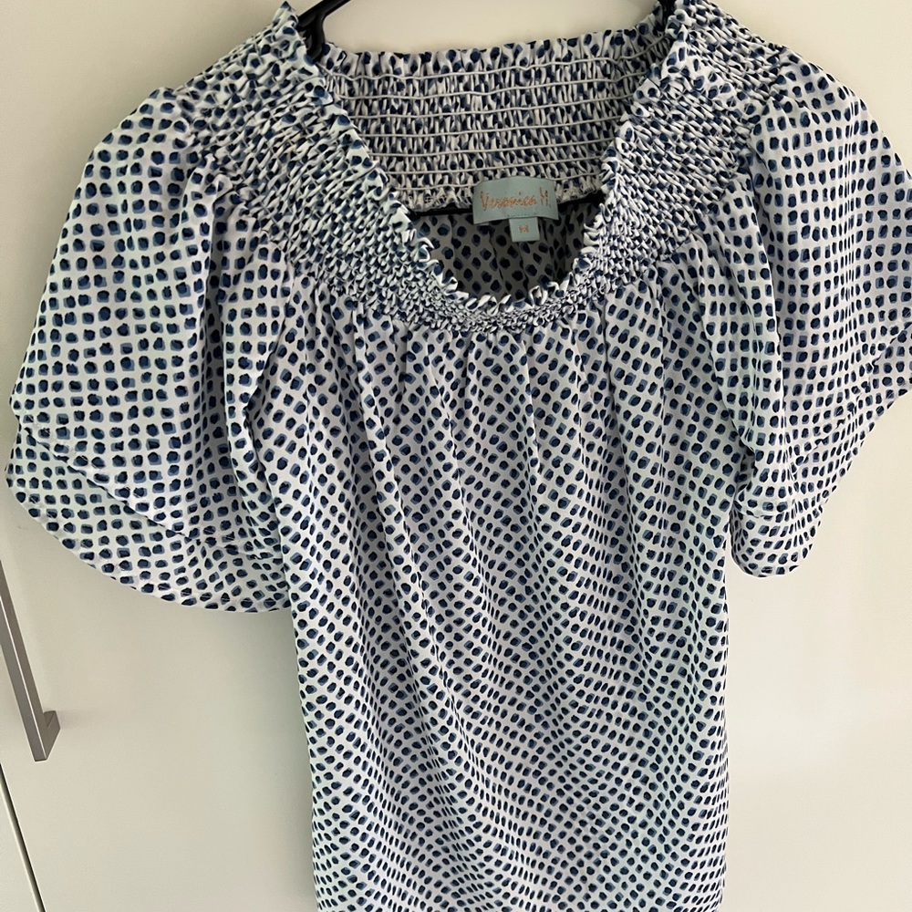 Veronica M Off The Shoulder Blue and White Blouse | Size M
